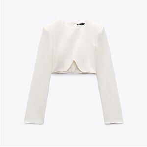 Zara Sparkly Oyster White Long Sleeve Crop Top With Rhinestone Edge